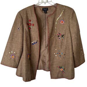 FOCUS 2000 Woman 22W Tan Embroidered Beaded Lined Open Front Jacket Y2K Artsy